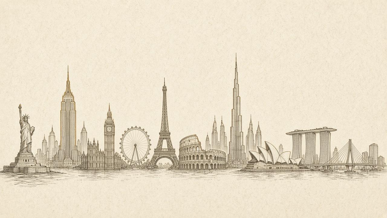 Sketch of world landmarks including the Statue of Liberty, Big Ben, Eiffel Tower, Colosseum, Burj Khalifa, Sydney Opera House, and more